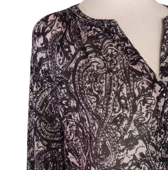 Kut From The Kloth Black & White Sheer Long Sleeve Split Collar Button Up Medium - Picture 6 of 10